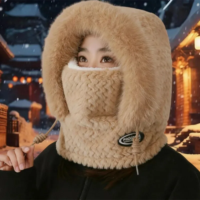 Women Winter Thermal Hood Hat Scarf Mask Set