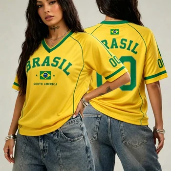 T-shirt da donna Brasile con stampa emblema nazionale, casual, scollo a V, manica corta, maglia sportiva per tifose di calcio, abbigliamento femminile