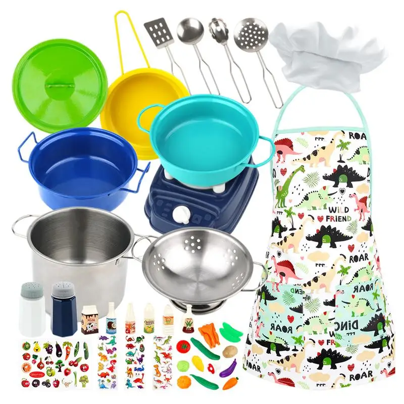 

37pcs Kids Cooking Toys Set Chef Hat Apron Role Play Toys House Stainless Steel Vegetable And Fruit Pepper Bottle Set