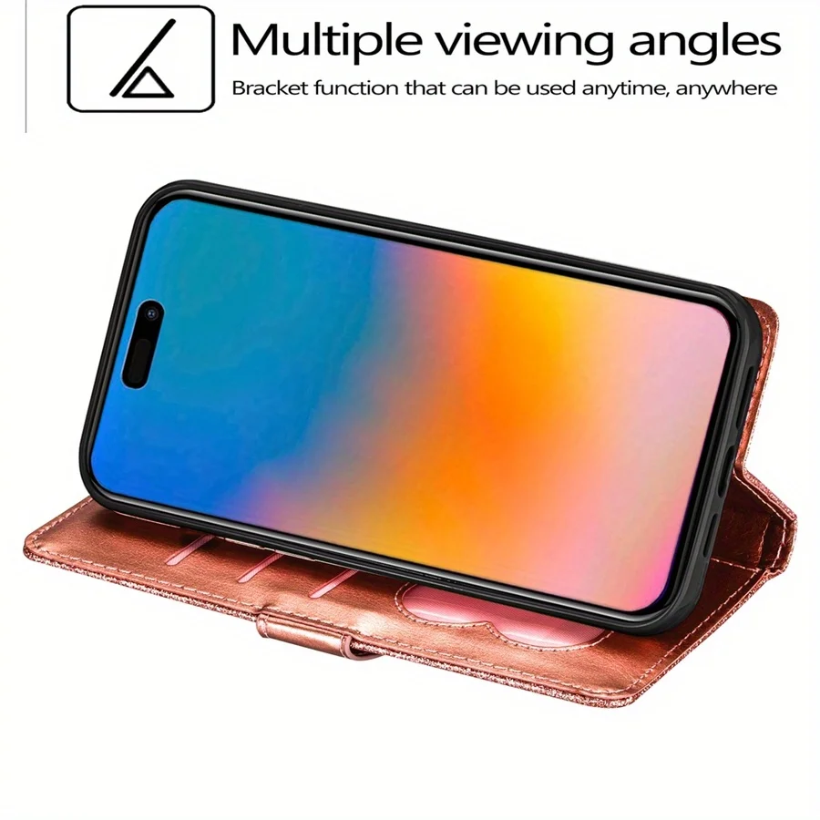 Glitter Zipper Magnetic Flip Leather Wallet Case with Card Slot and Hand Strap