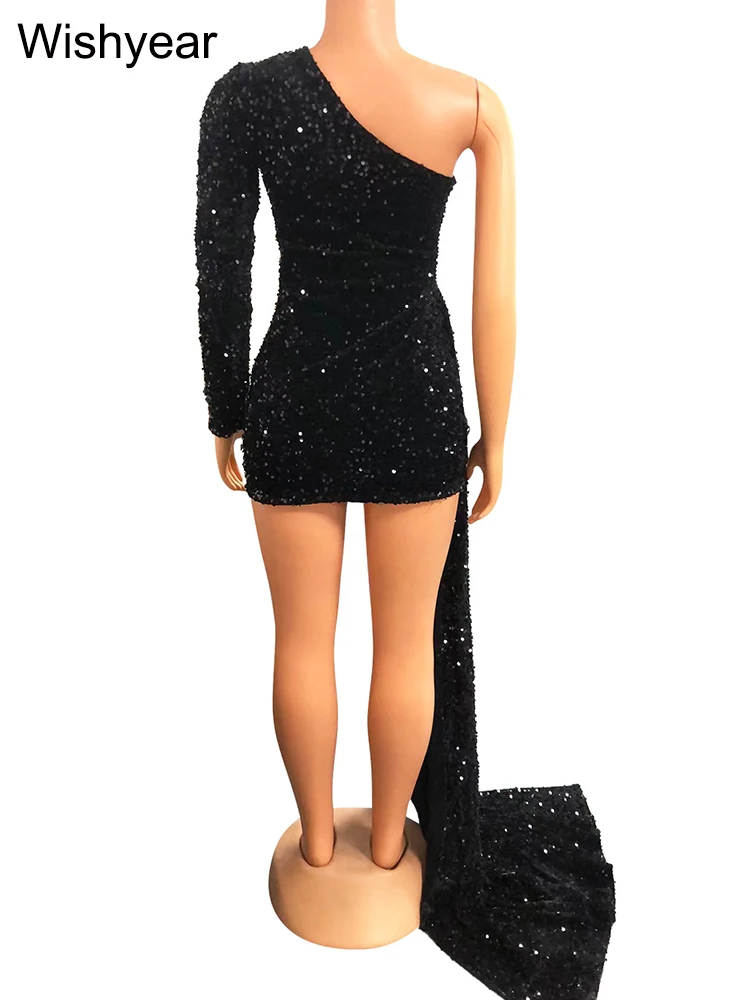 Elegante Herbst Pailletten eine Schulter Langarm Geburtstag Bodycon Mini kleid Frauen Outfits Party Club sexy Festivals Vestidos – Detail 5