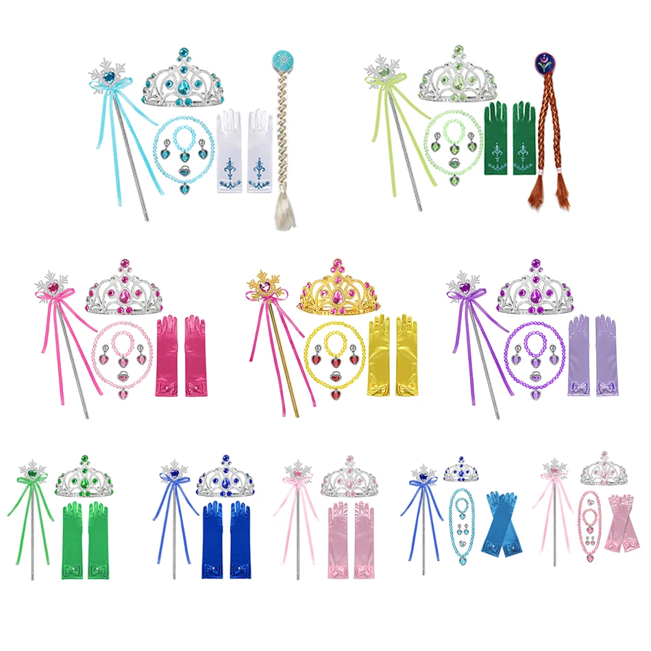 

New Kids Girls Cospaly Accessories Sets Anna Elsa Crown Magic Wand Necklace Wig Gloves Earring Bracelet Sleeping Beauty Belle