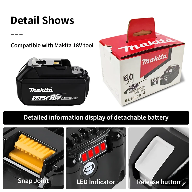 Makita Original packaging18V 6000mAh rechargeable power tool battery, replace lithium-ion LED LXT BL1860B BL1860 BL1850makita18V 6