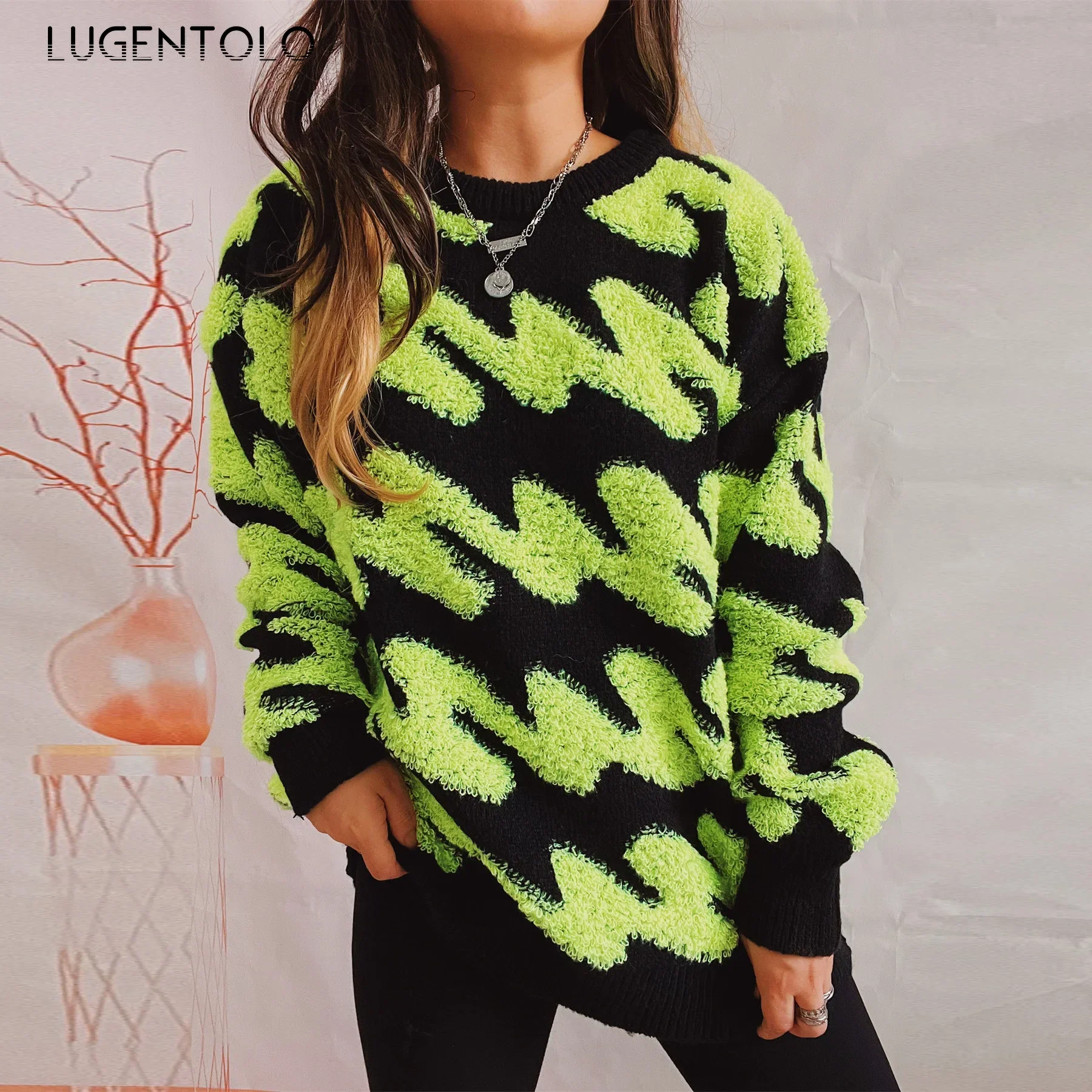 

Women Wavy Stripe Sweaters Thickened Flocking Autumn Winter Lady New Loose Casual O-neck Pullover Clothing Lugentolo