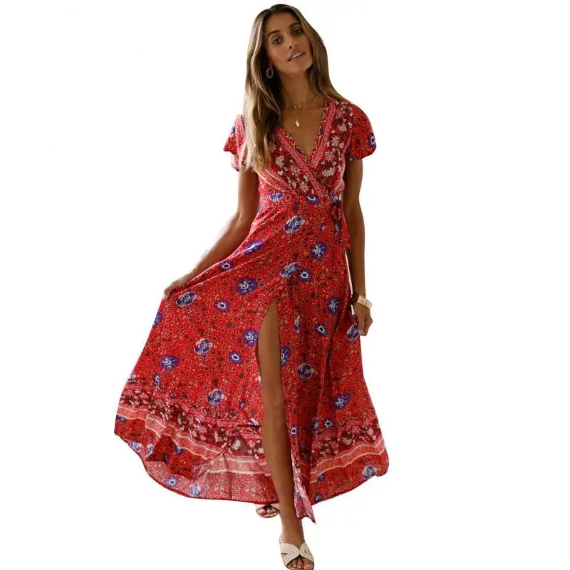 

New Summer Bohemian Bat Sleeve Maxi Dress Women's Fashion Floral Printed Sexy V-Neck Split Sundress Casual Beach Long Skirt 2Xl