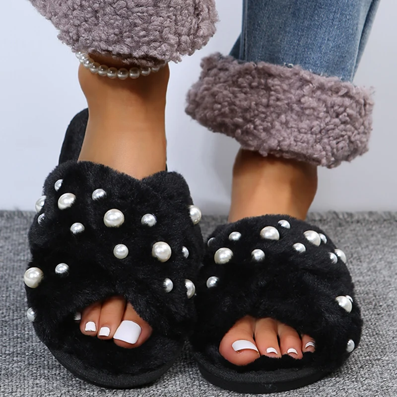 Fashion Pearls Decor Fluffy Fur Slippers Women Autumn Winter Indoor Non-Slip Home Slippers Woman Lightweight Soft Plush Slides