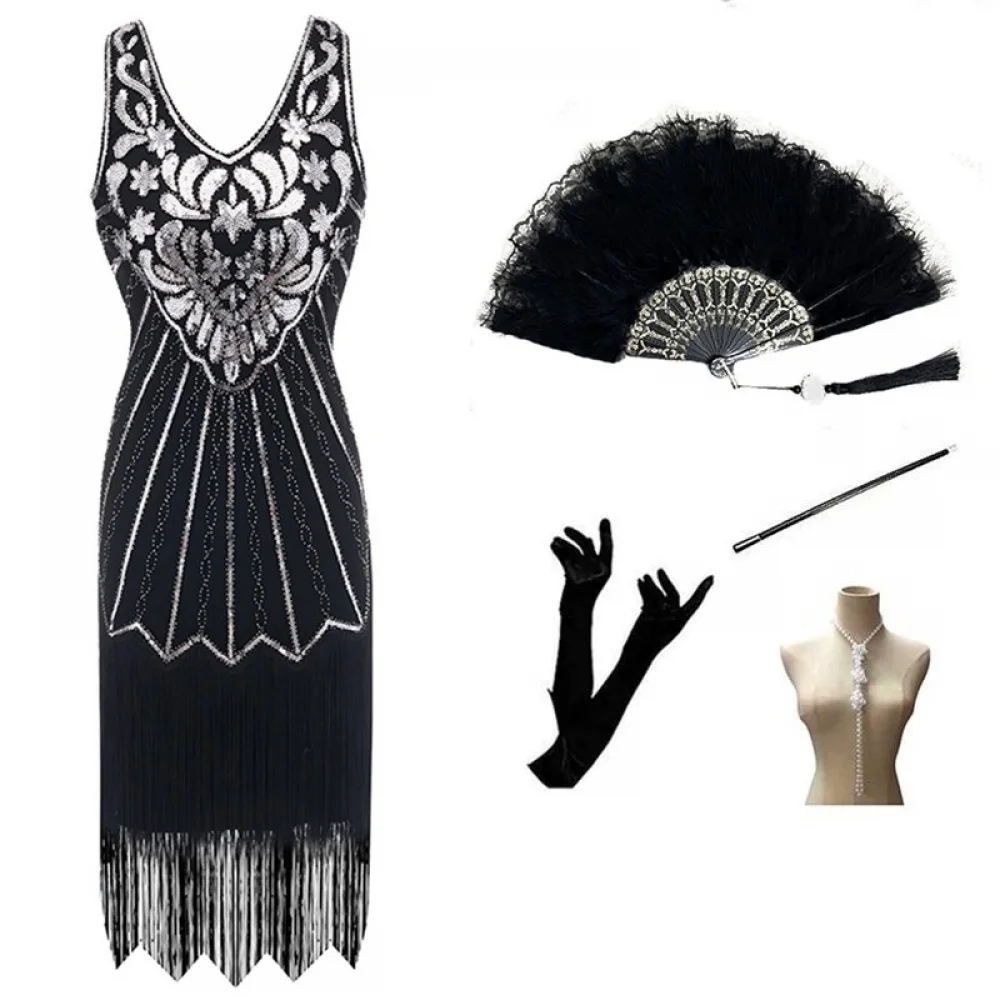 thumbnail image 1 of Vestido estilo flapper con flecos largos y lentejuelas inspirado en los años 20 para mujer, vestido con decoración artística de cuentas, escote en V, sin mangas, conjunto de accesorios para disfraz de, 1 of 4
