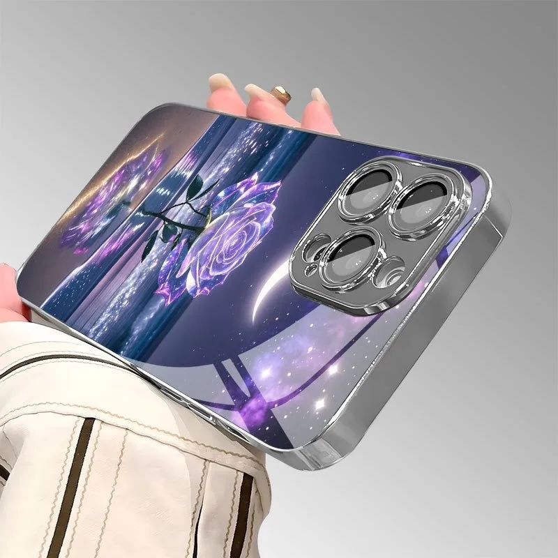 Purple Seaside Rose Pattern Tempered Glass Electroplated Silver Phone Case Cover