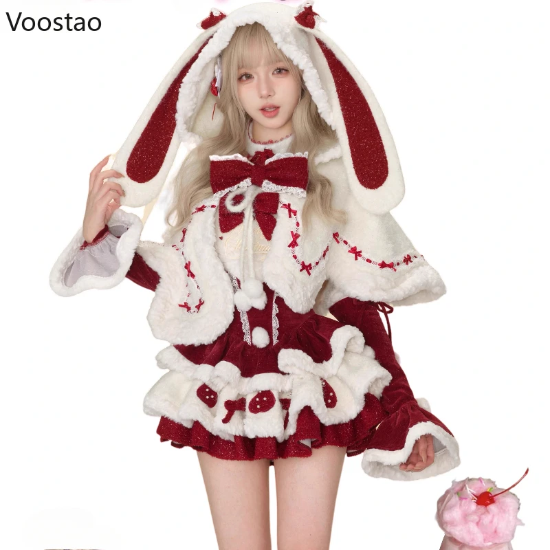 Autumn Winter Christmas Lolita Style 3 Piece Set Women Sweet Plush Bunny Ear Hooded Cloak Coat Bow Mini Dresses Y2k Cosplay Suit