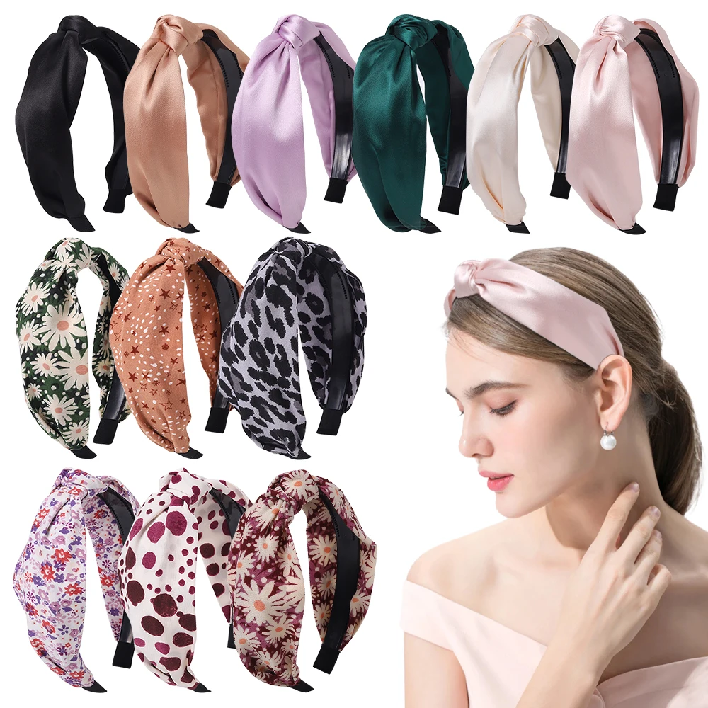 Women Solid Color Satin Headband Fabric Cross-Knotted Hairband Simple Temperament Wide Headband Small Fresh Hair Accessories