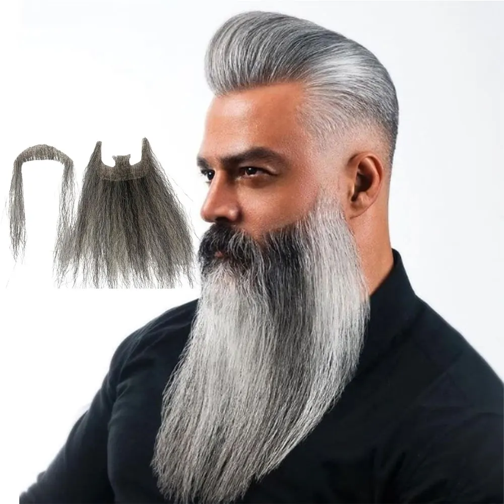 Long Fake Beard Human Hair Full Hand Tied Facial Hair Black Goatee False Beards Lace Invisible Mustache Mixed White Color
