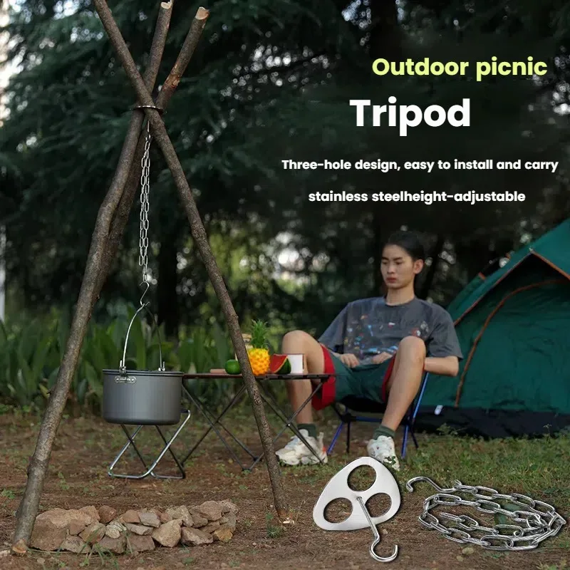 Portable Outdoor Hanging Pot Rack Triangular Foot Bracket Hanging Bracket Camping Supplies Steel Three Legged Storage Rack