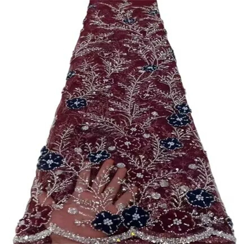 

Latest High Quality African Nigerian Tulle 3D flower handmade beads Lace Fabric Embroidery Party Dress Sequins Net Cloth 5yards