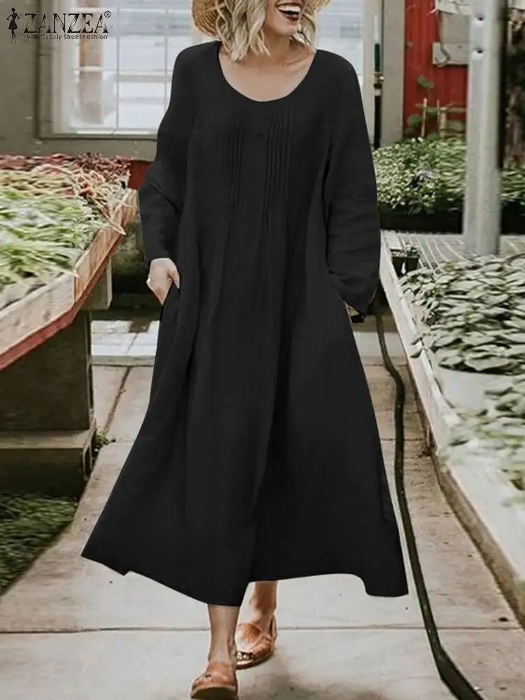

ZANZEA Fashion Spring O Neck Long Sleeve Solid Mid-calf Dress Women Vintage Casual Loose Pleated Party Vestido Kaftan Sundress