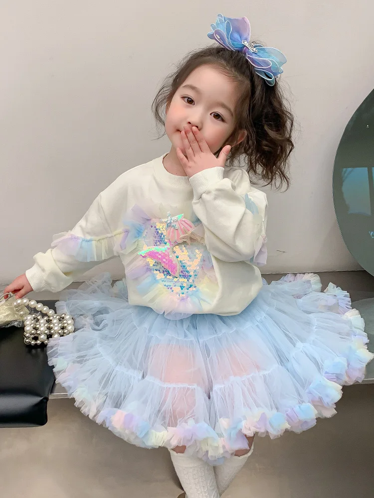 여자를위한 공주 스커트 봄 가을 새로운 스타일 어린이 하프 스커트  푹신한 스커트 코튼 탄성 섬유 케이크 스커트