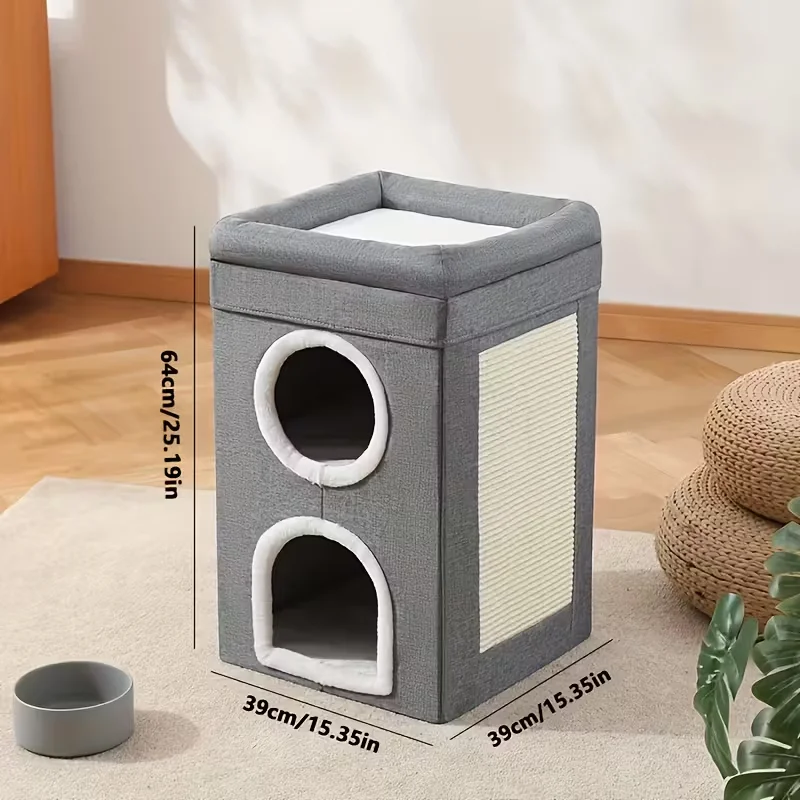 Katzenbett, Katzenhaus, Höhle und Turm, faltbar, für den Innenbereich, 3-lagig, mit klammerbarem Kratzbaumbrett, effizient in 2 große Katzen, Würfelbett – Detail 2