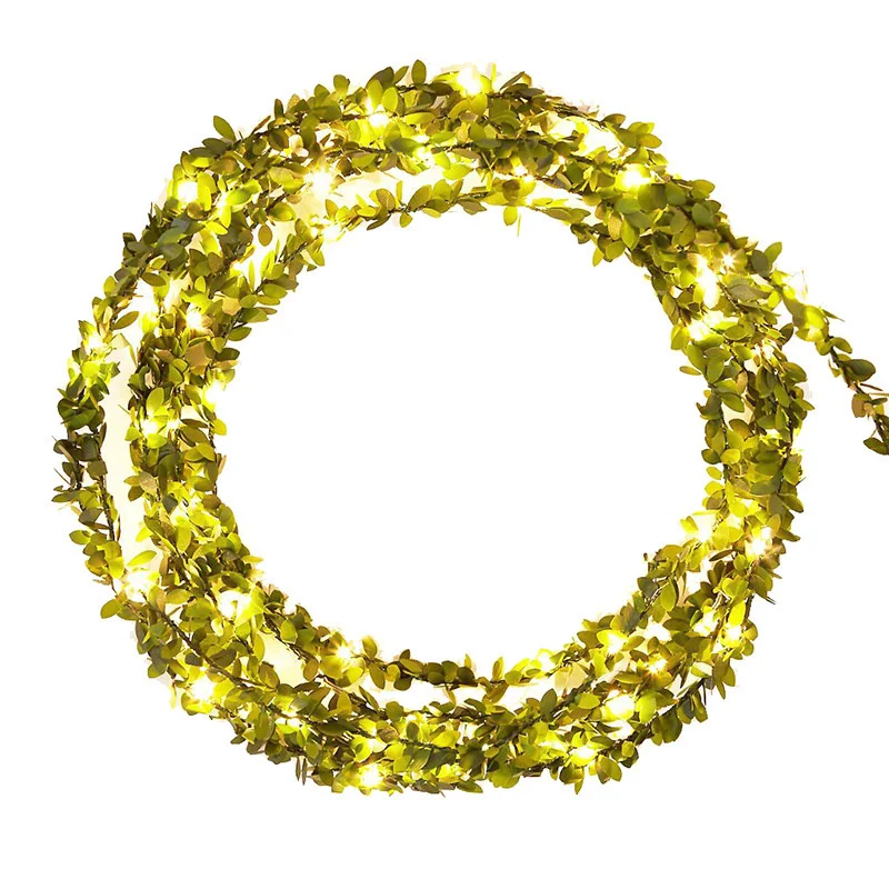 Guirnalda de luces artificiales con hojas verdes y flores de 2 a 10 m, guirnalda navideña alimentada por USB o batería para decoración del hogar