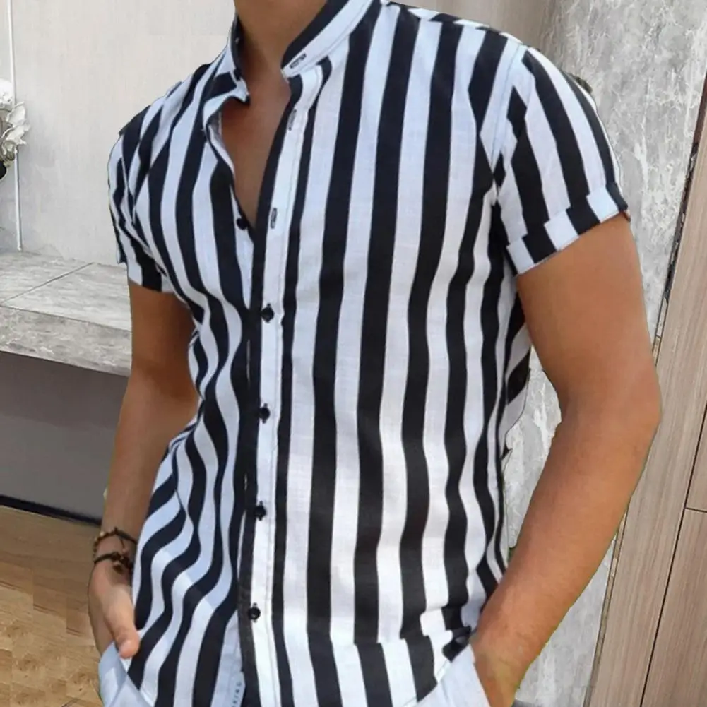 

Nice-looking Men Cardigan Round Neck All-match Breathable Men Striped Short Sleeve Shirt