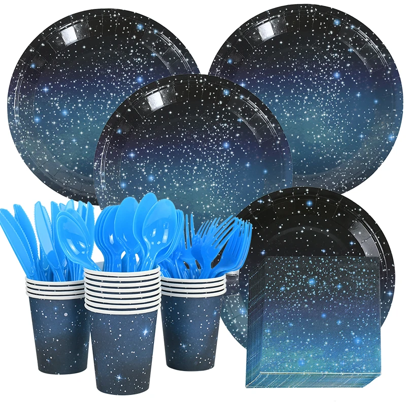 Einweggeschirr mit Sternenhimmel-Thema, Star Galaxy-Tischdecke, Pappteller, Tassen, Geschenktüten für Space Planet, Geburtstagsparty-Zubehör