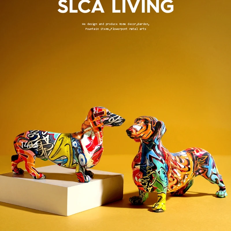 

Креативная Современная красочная скульптура такса с изображением собаки, шкаф для офиса, дома, настольное украшение, граффити, статуя из смолы, абстрактные поделки