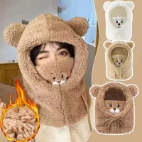 Bear Hat Winter Scarf Mask Set Cute Plush Ear Protection Hooded Scarf for Women Windproof Warm Fleece Lined Neck Warmer