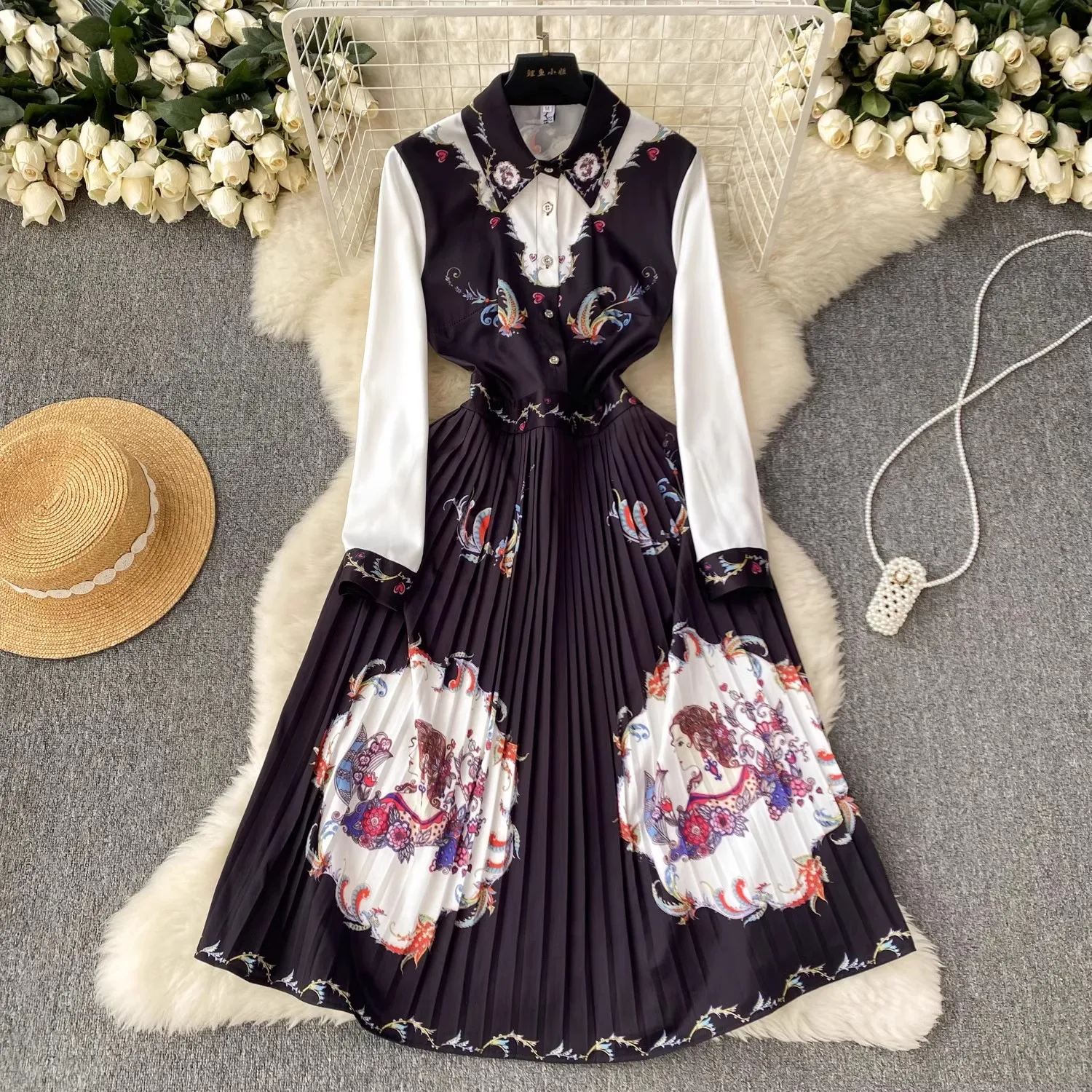 

Fashion Runway Summer Flower Dress Women's Turn Down Collar Long Sleeve Floral Print Midi Tunic Party Pleated Vestidos 8261
