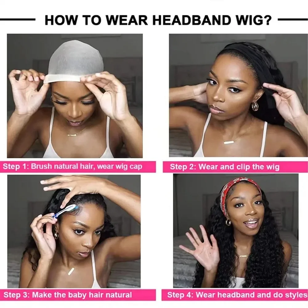 10-14 Inch Deep Wave Headband Wig Human Hair Curly Headband Wigs For Women Short Bob Wig Full Machine Made No Glue Under $40 4