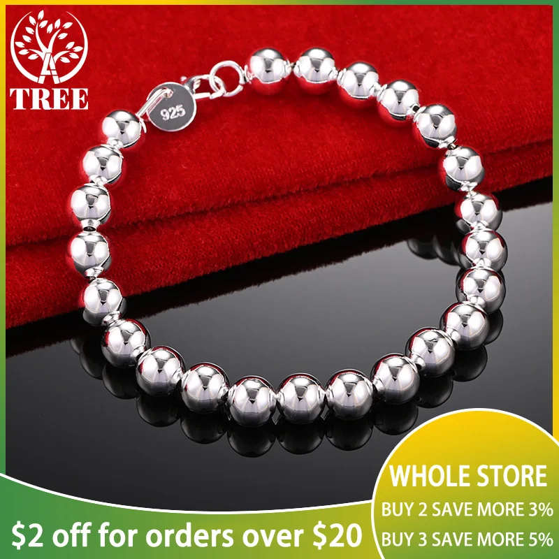 

ALITREE 925 Sterling Silver 8mm Beads Chain Bracelet For Woman Lady Birthday Banquet Party Trendy Jewelry Wedding Accessories