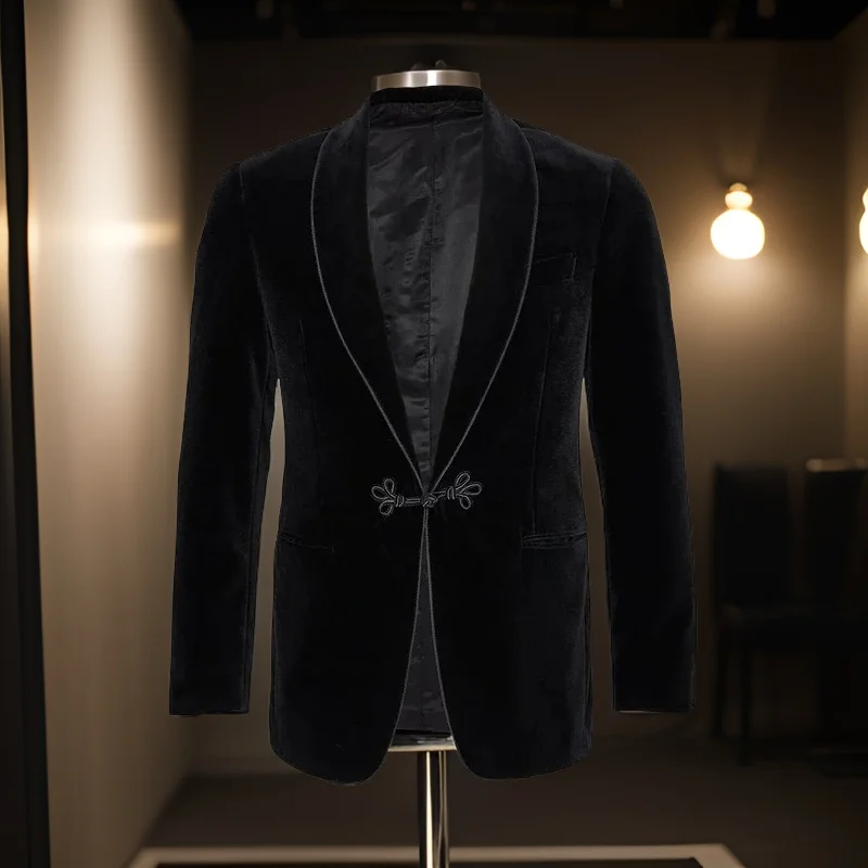 Men Suits Jackets Velvet Smoking Jacket Shawl Lapel Loose Vintage Wedding Groom Blazer Dinner Party Prom Male Suit Coat Single 1 Jacket