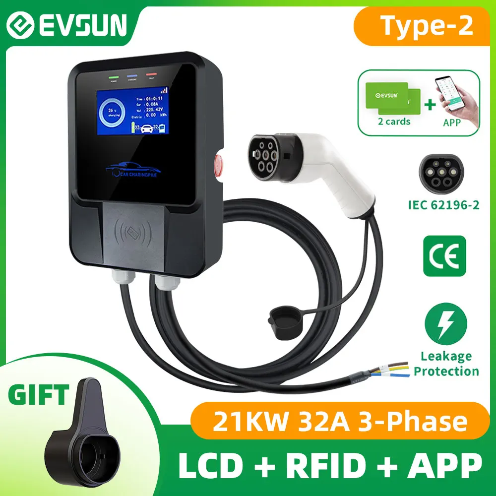Evsun Ev Stazione Di Ricarica 32A Caricabatteria Da Auto Per Veicoli Elettrici Evse Wallbox Wallmount 7/11/21Kw Type2 Cavo Iec62196 Controllo App