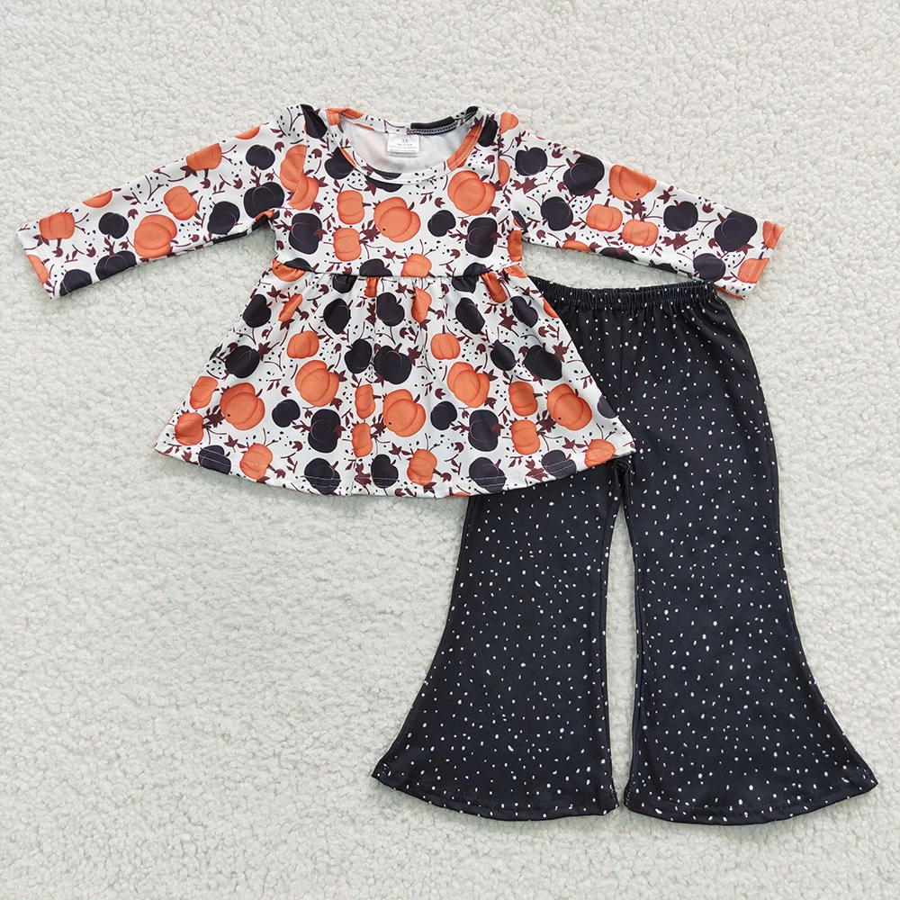 

Wholesale Baby Girl Halloween Set Kid Clothes Infant Long Sleeves Pumpkin Tunic Black Dots Bell Pants Toddler Children Outfit