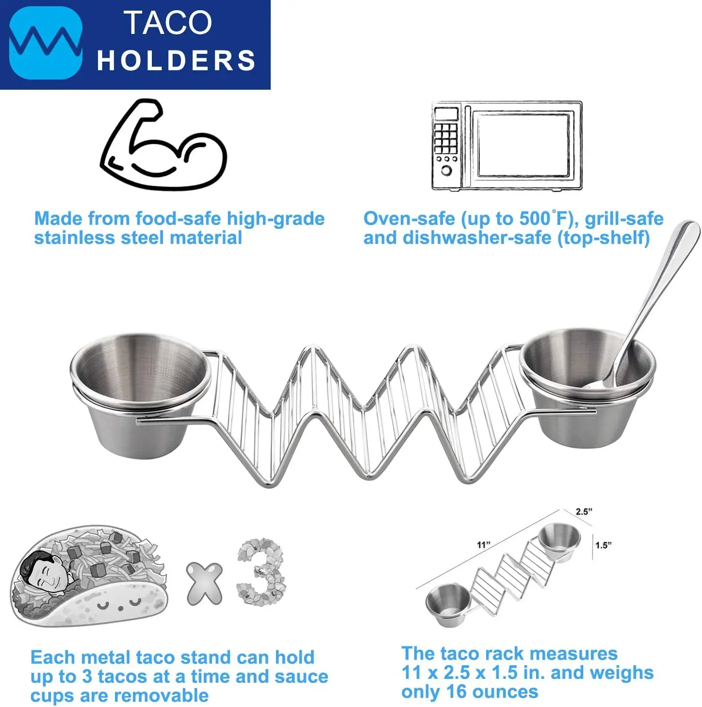 Stainless Steel Wave Shape Taco Holders Slots Kitchen Tableware Mexican Food Rack Double-Sided Seasoning Cups for Restaurant