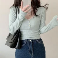 T-shirts à manches longues pour femmes, Slim, boutons en dentelle, Kawaii, Y2k, hauts décontractés, pulls, nouvelle collection printemps 2024 5