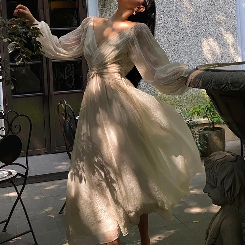 Женское плиссированное платье макси, элегантное винтажное платье с V-образным вырезом, кружевными пышными рукавами и оборками, с бахромой, в Корейском стиле, для вечеринки, на лето