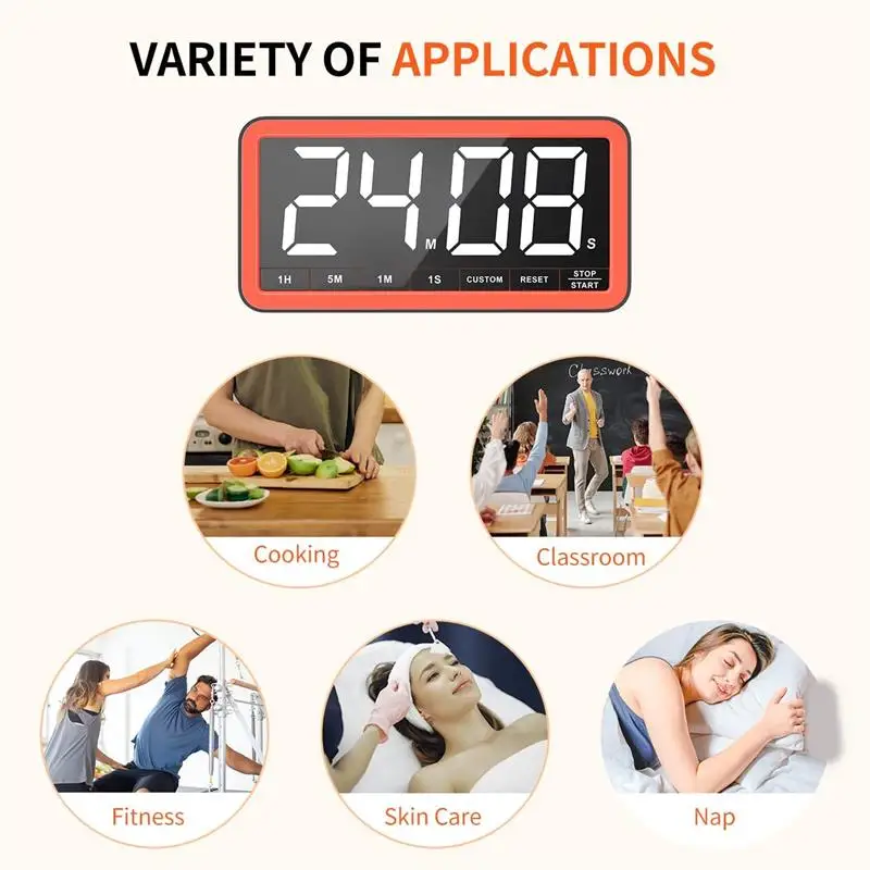 Timer Digitale PULIVIA Con Display LED 7,4 Pollici, 6 Allarmi, Ricaricabile, Magnetico, Conto Alla Rovescia 99 Ore, Nero - 6