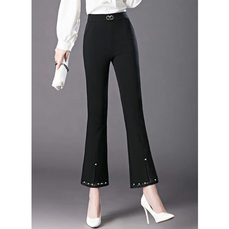 2023 Autumn Winter Women Korean Beaded Lace Patchwork Chic Elegant Flare Pants Ladies Black Plush High Waist Trousers Pantalones
