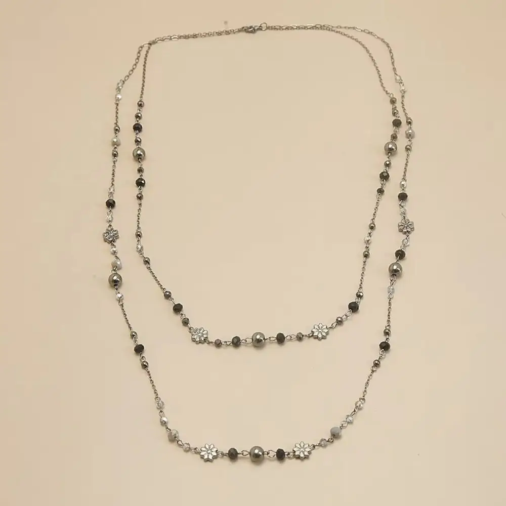 Fashion Double-layer Flower Necklace Beaded Long Sweater Chain Stackable Y2K Style Geometric Necklace