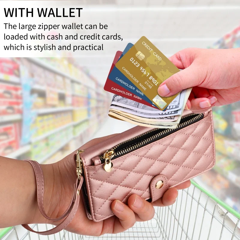 Elegant Leather Zipper Flip Phone Case with Long Lanyard and Wrist Strap Wallet