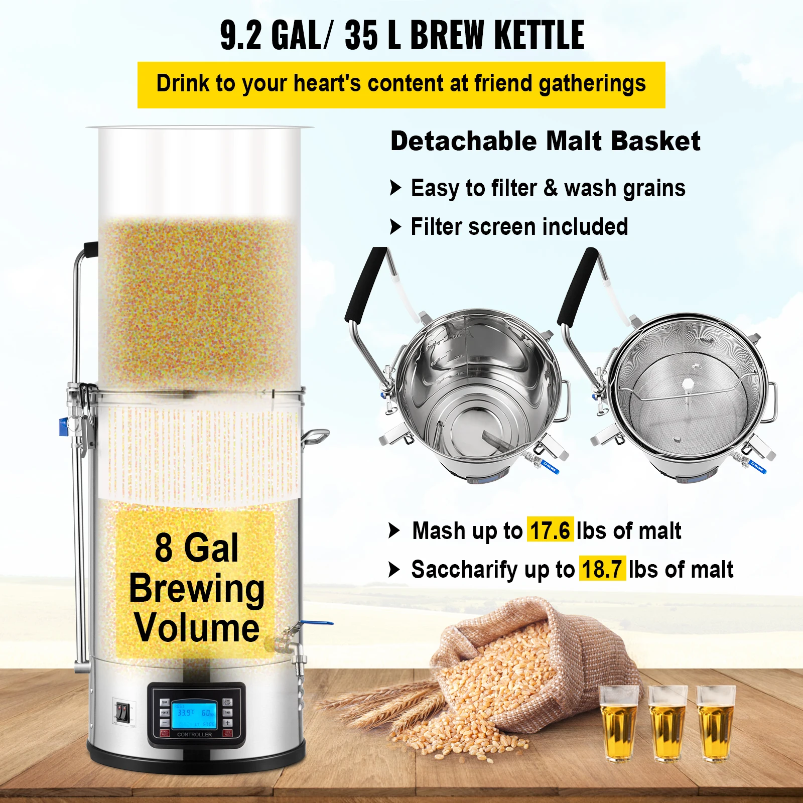 35L110/220V 304Stainless Steel All-in-One Home Beer Brewer Electric Brewing System with Pump Brewing Beer Equipment Kit