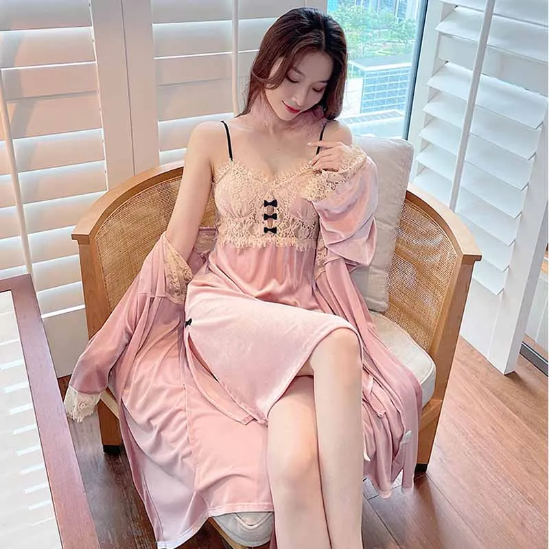 

Осенне-зимний Бархатный комплект ночной рубашки с сексуальными кружевными краями на бретелях ночная рубашка кимоно халат женская ночная рубашка