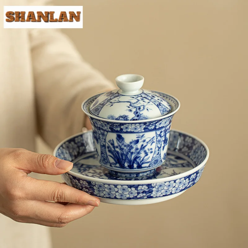170ml Jingdezhen Antique Blue And White Gaiwan Aesthetic Twelve Gods Of Flowers Tea Tureen Tea Making Cover Bowl Cafes Craft