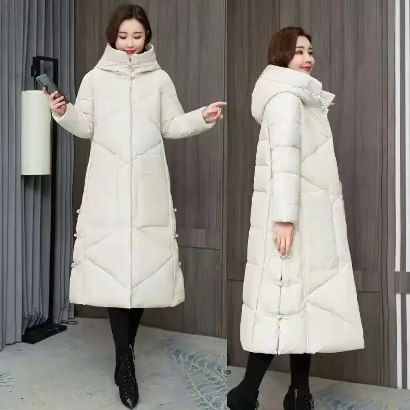 Retro Women's Long Down Padded Jacket Winter Warmth Korean Fashion Loose Long Cotton Coat Over The Knee Cotton Jacket Coat New