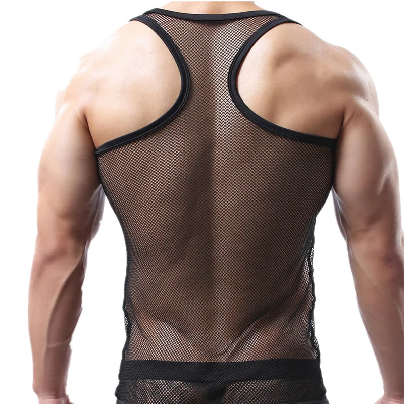 Sexy Mens Undershirts Underwear Tank Tops Breathable See Through Mesh Sleeveless Shirt T-shirts Slim Fitness Vest Men Homewear