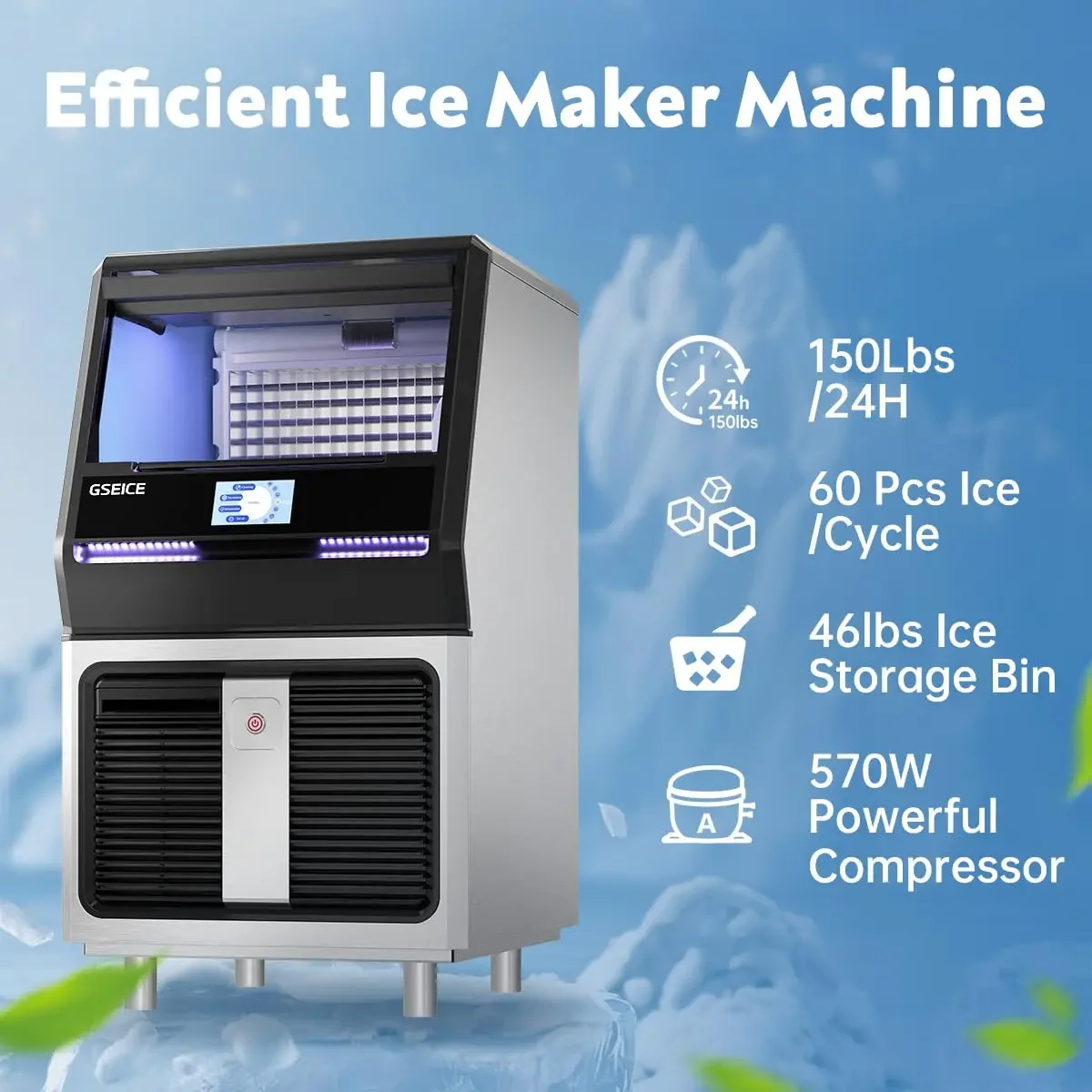 Ice Maker Machine, 150LBS/24H with 45 Pounds Storage Bin - 4.3 inch Touch Screen, 304 Stainless Steel Ice Making Mach 2