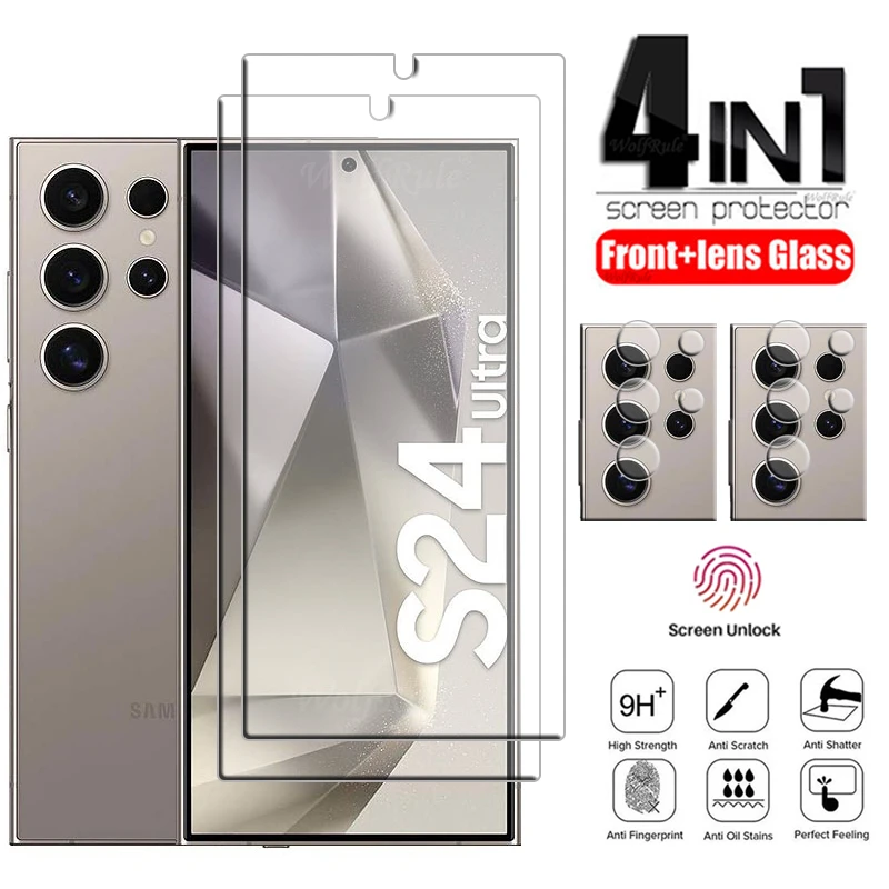 4-In-1 Per Samsung Galaxy S24 Ultra Glass Per Samsung S24 Ultra 9H Full Glue Vetro Temperato Per Samsung S24 Ultra Plus Len Glass