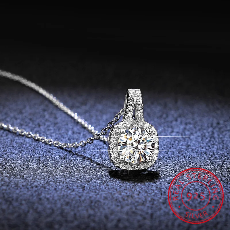 Moissanite Pendant Necklace 1CT Round Cut Emerald Cut Halo Design 14K Plated Silver
