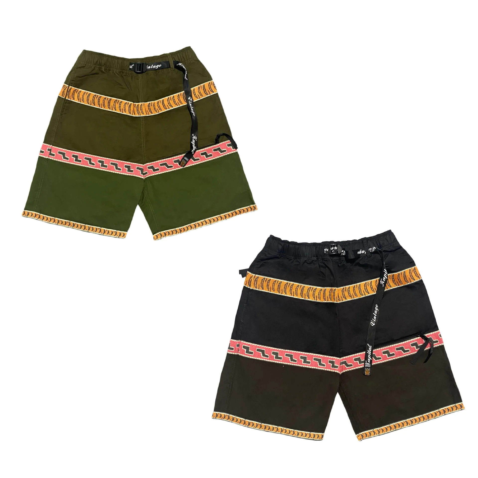

2024 Kapital Vintage Color Block Cotton Loose Elastic Waist Shorts for Men and Women