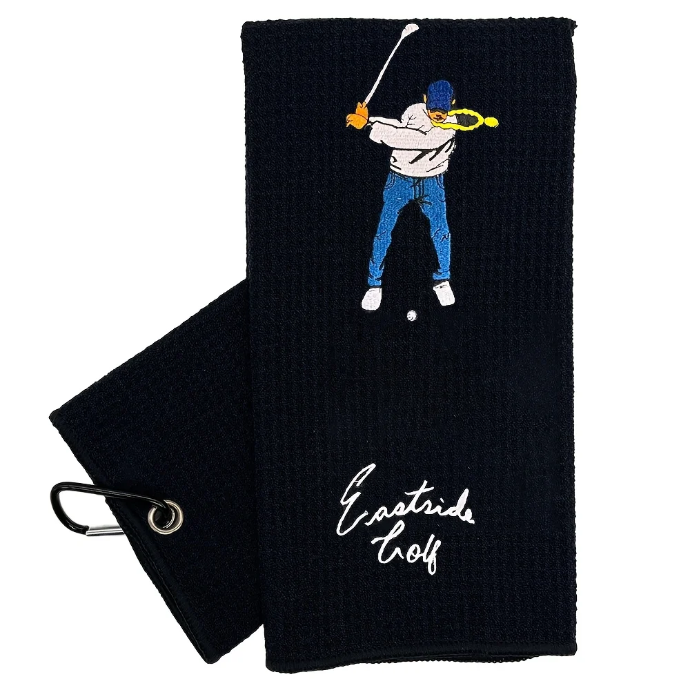 1pc, Embroidered Golf Towel, Microfiber, Polyester & Nylon, Hand Wash Only, Black, Waffle Texture, Soft Material, with Carabiner