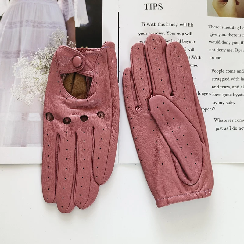 Thin Women's Sheepskin Driver Gloves Summer Breathable Snap Button Colored Genuine Leather Gloves