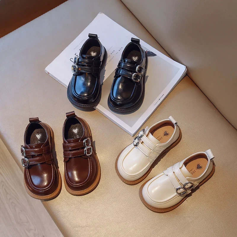Leather shoes mary jane shoes girls flats Boys Uniform School Shoes Double Buckle Simple Black Spring Soft Casual Kids Fashion Girls Child Leather Shoes Classic